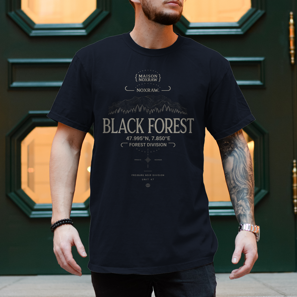 black oversized t-shirt with NOXRAW Black Forest Division design inspired by Schwarzwald streetwear and premium urban fashion