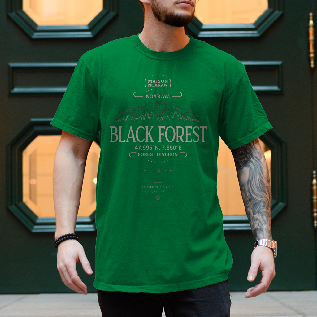 black oversized t-shirt with NOXRAW Black Forest Division design inspired by Schwarzwald streetwear and premium urban fashion