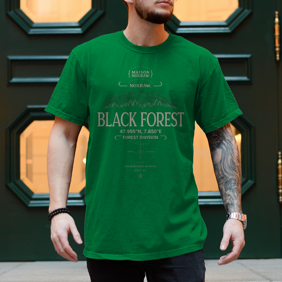 black oversized t-shirt with NOXRAW Black Forest Division design inspired by Schwarzwald streetwear and premium urban fashion