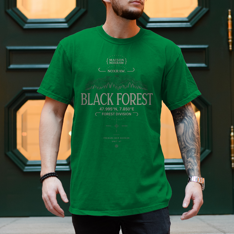 black oversized t-shirt with NOXRAW Black Forest Division design inspired by Schwarzwald streetwear and premium urban fashion