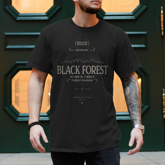 black oversized t-shirt with NOXRAW Black Forest Division design inspired by Schwarzwald streetwear and premium urban fashion