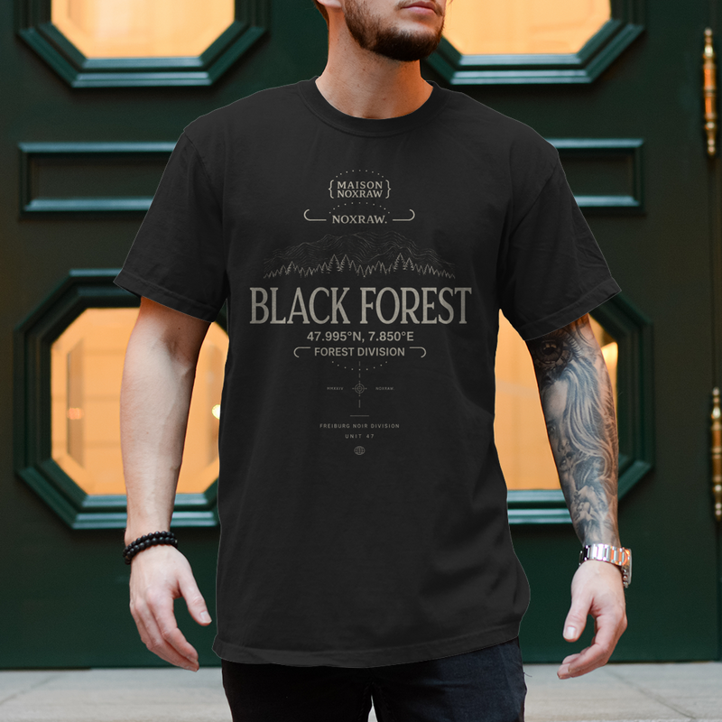 black oversized t-shirt with NOXRAW Black Forest Division design inspired by Schwarzwald streetwear and premium urban fashion