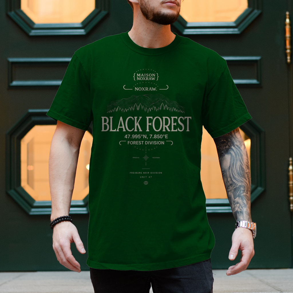 black oversized t-shirt with NOXRAW Black Forest Division design inspired by Schwarzwald streetwear and premium urban fashion