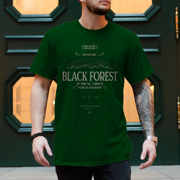 black oversized t-shirt with NOXRAW Black Forest Division design inspired by Schwarzwald streetwear and premium urban fashion