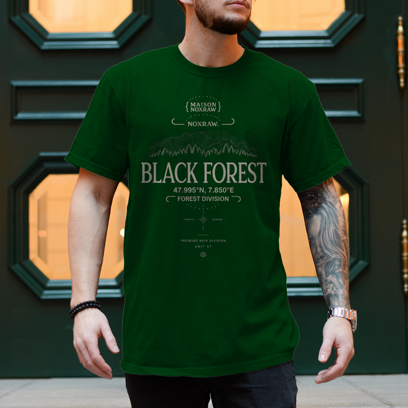 black oversized t-shirt with NOXRAW Black Forest Division design inspired by Schwarzwald streetwear and premium urban fashion