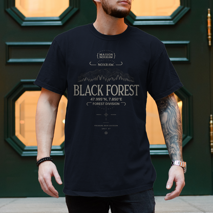black oversized t-shirt with NOXRAW Black Forest Division design inspired by Schwarzwald streetwear and premium urban fashion