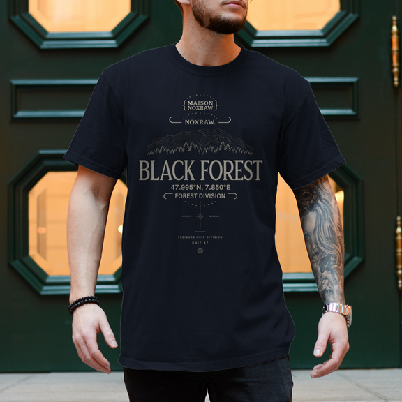 black oversized t-shirt with NOXRAW Black Forest Division design inspired by Schwarzwald streetwear and premium urban fashion