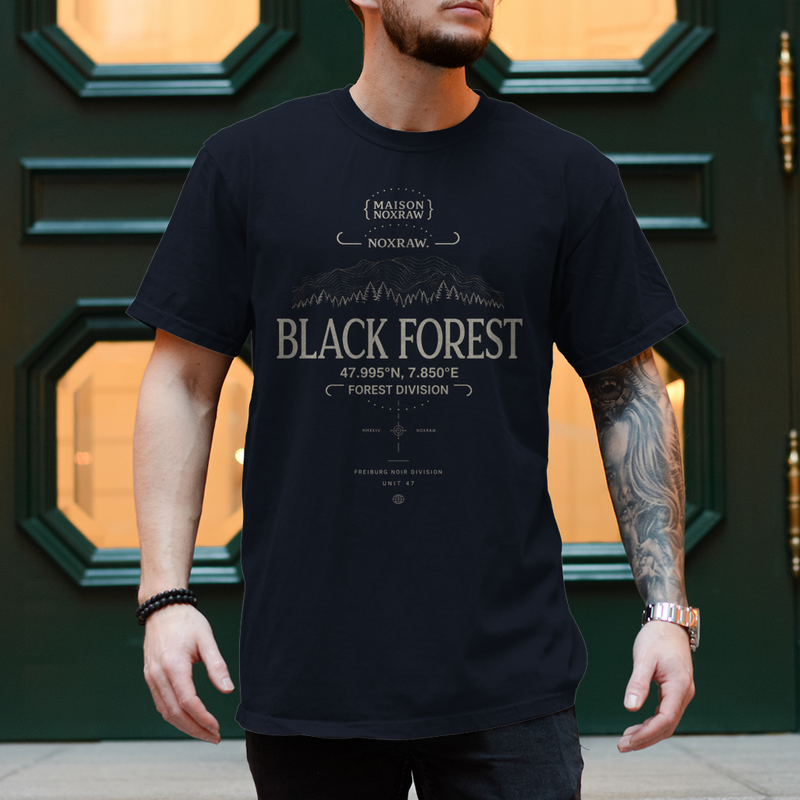 black oversized t-shirt with NOXRAW Black Forest Division design inspired by Schwarzwald streetwear and premium urban fashion
