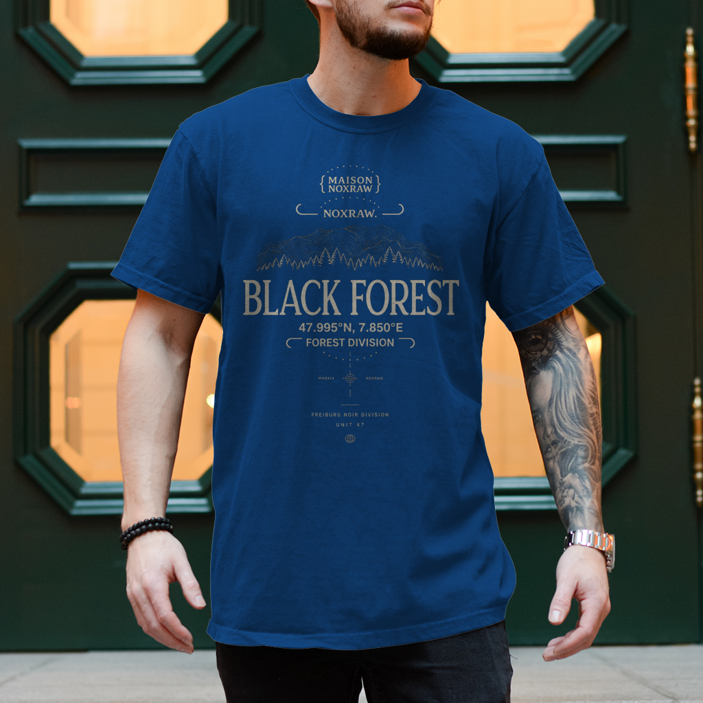 black oversized t-shirt with NOXRAW Black Forest Division design inspired by Schwarzwald streetwear and premium urban fashion