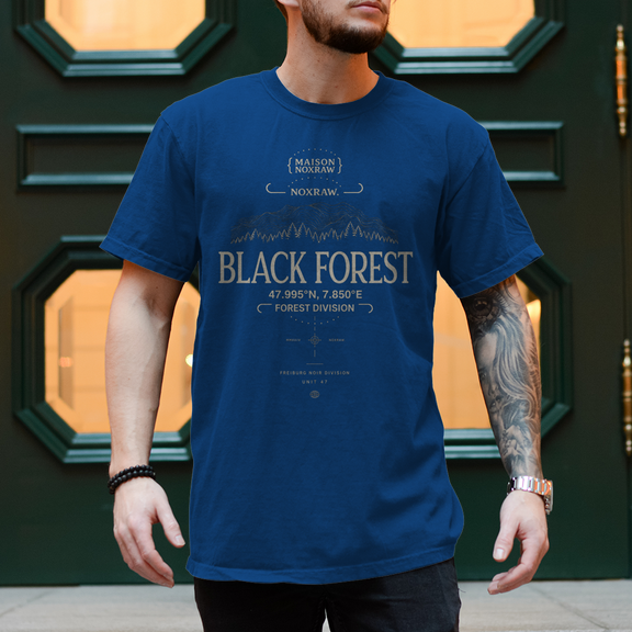 black oversized t-shirt with NOXRAW Black Forest Division design inspired by Schwarzwald streetwear and premium urban fashion