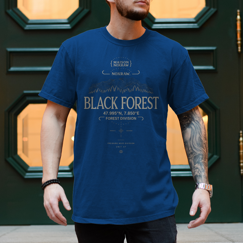 black oversized t-shirt with NOXRAW Black Forest Division design inspired by Schwarzwald streetwear and premium urban fashion